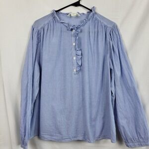 HM Womens Blue White Striped Ruffle Collar Long Sleeve Cotton Blouse Large 631